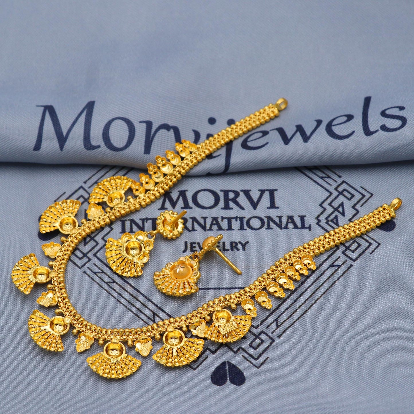 Indian Handmade 22k Gold Necklace Earrings Set, Vintage Ethnic Gold Jewelry Set, Pure Real Gold Necklace with Earrings, K5804