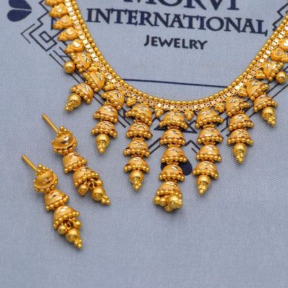 Indian Solid 22k Gold Necklace Earrings Set , Vintage Ethnic Gold Jewelry Set, Pure Real Necklace with Earrings Wedding Party Wear, K5805