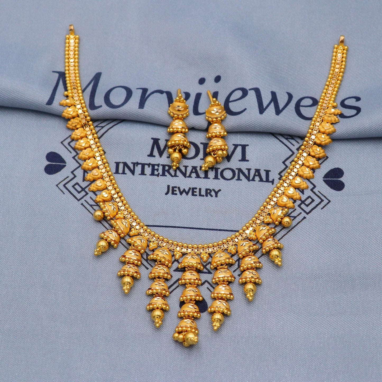Indian Solid 22k Gold Necklace Earrings Set , Vintage Ethnic Gold Jewelry Set, Pure Real Necklace with Earrings Wedding Party Wear, K5805