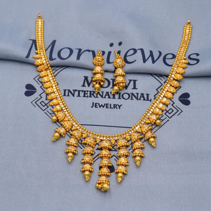 Indian Solid 22k Gold Necklace Earrings Set , Vintage Ethnic Gold Jewelry Set, Pure Real Necklace with Earrings Wedding Party Wear, K5805