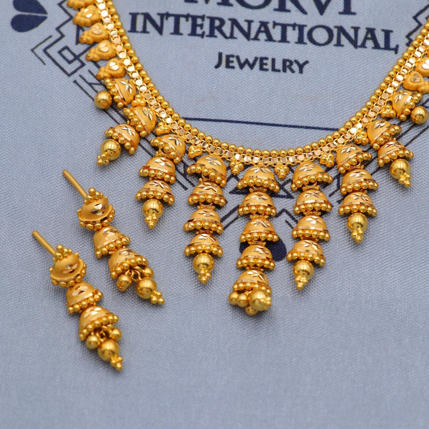 Indian Solid 22k Gold Necklace Earrings Set , Vintage Ethnic Gold Jewelry Set, Pure Real Necklace with Earrings Wedding Party Wear, K5805