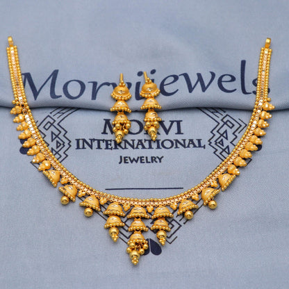 Indian Solid 22k Gold Necklace Earrings Set , Vintage Ethnic Gold Jewelry Set, Pure Real Necklace with Earrings Wedding Party Wear, K5806