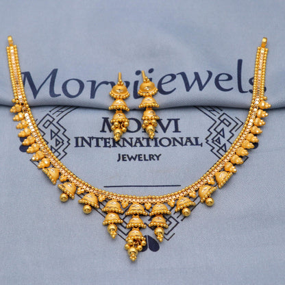 Indian Solid 22k Gold Necklace Earrings Set , Vintage Ethnic Gold Jewelry Set, Pure Real Necklace with Earrings Wedding Party Wear, K5806