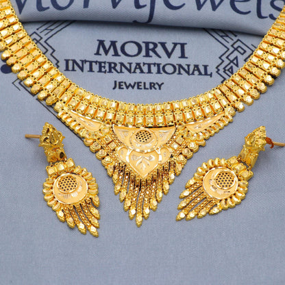 Indian Solid 22k Gold Necklace Earrings Set , Vintage Ethnic Gold Jewelry Set, Pure Real Necklace with Earrings Wedding Party Wear, K5807