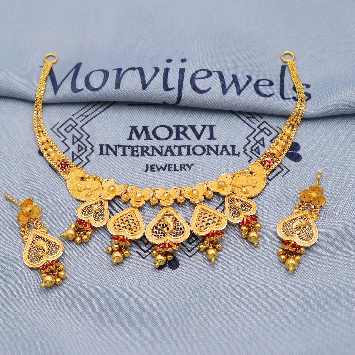Indian Solid 22k Gold Necklace Earrings Set , Vintage Ethnic Gold Jewelry Set, Pure Real Necklace with Earrings Wedding Party Wear, K5808
