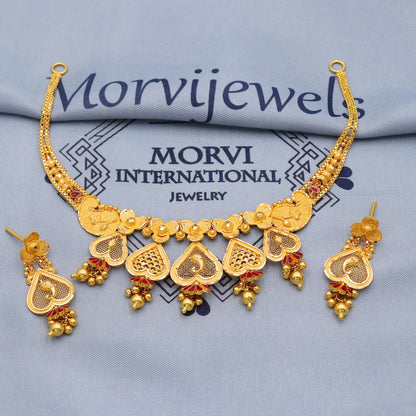 Indian Solid 22k Gold Necklace Earrings Set , Vintage Ethnic Gold Jewelry Set, Pure Real Necklace with Earrings Wedding Party Wear, K5808