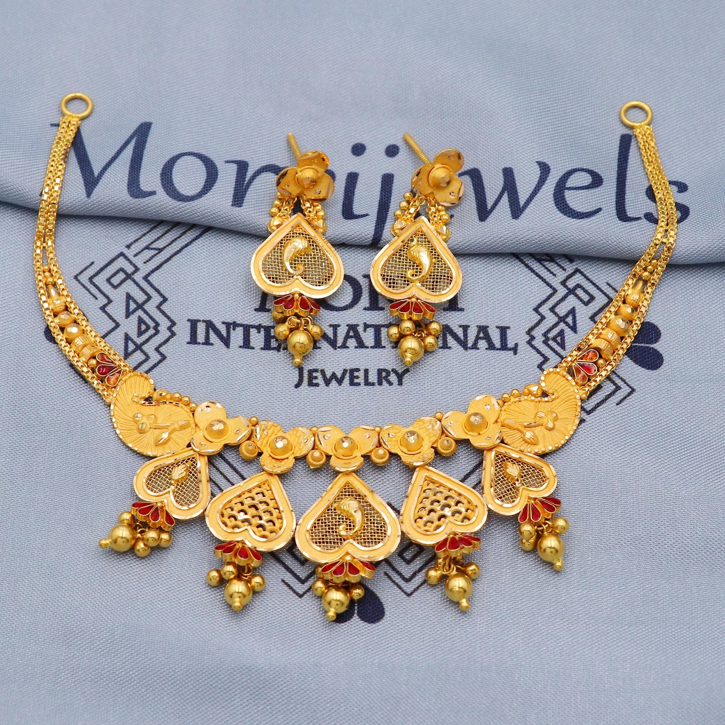Indian Solid 22k Gold Necklace Earrings Set , Vintage Ethnic Gold Jewelry Set, Pure Real Necklace with Earrings Wedding Party Wear, K5808