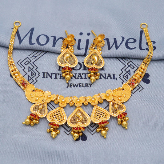 Indian Solid 22k Gold Necklace Earrings Set , Vintage Ethnic Gold Jewelry Set, Pure Real Necklace with Earrings Wedding Party Wear, K5808