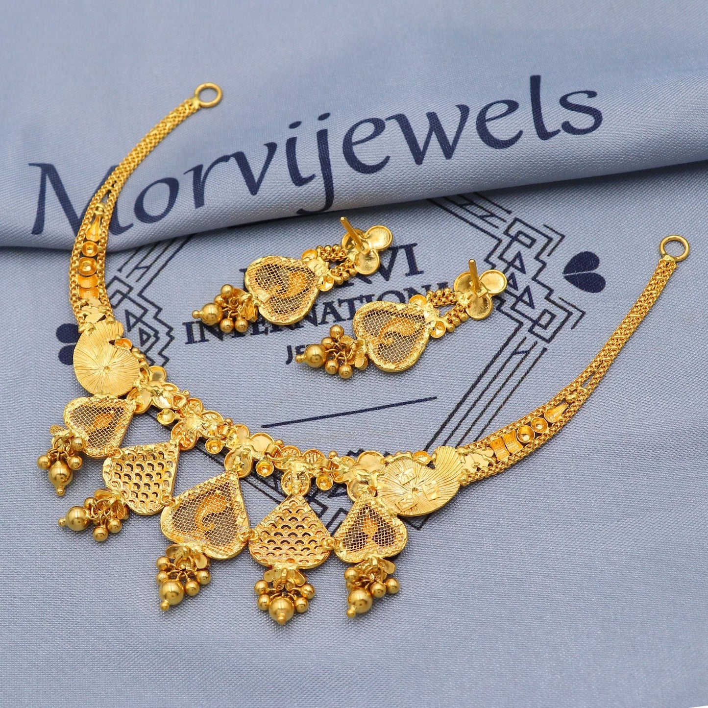 Indian Solid 22k Gold Necklace Earrings Set , Vintage Ethnic Gold Jewelry Set, Pure Real Necklace with Earrings Wedding Party Wear, K5808