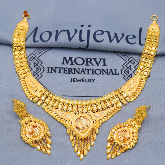 Indian Solid 22k Gold Necklace Earrings Set , Vintage Ethnic Gold Jewelry Set, Pure Real Necklace with Earrings Wedding Party Wear, K5810