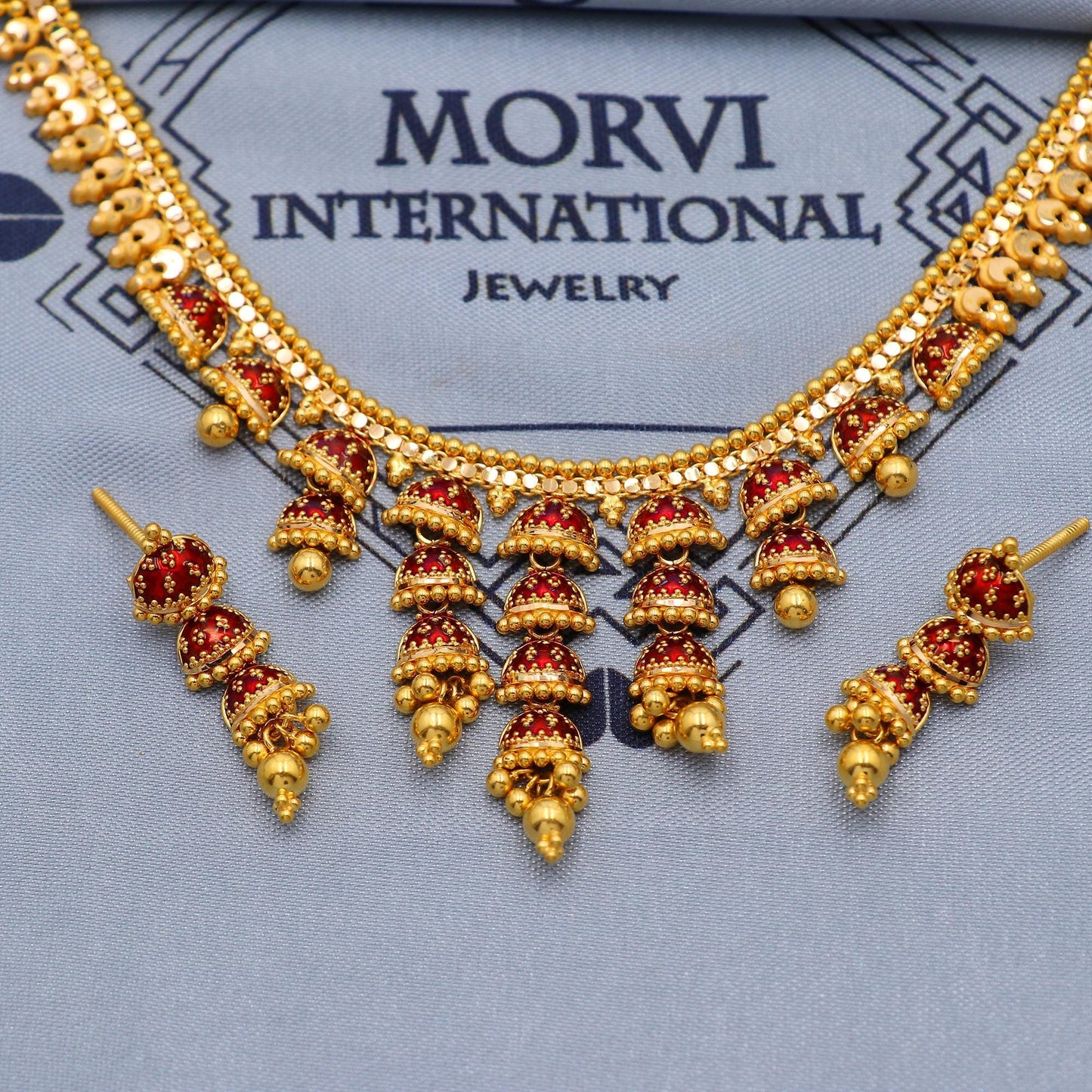 Indian Solid 22k Gold Necklace Earrings Set, Red Meena enamel colored gold asian jewelry, K5813