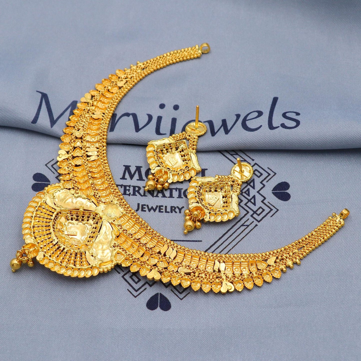 Indian Solid 22k Gold Necklace Earrings Set, Vintage Ethnic Gold Jewelry Set, Pure Real Necklace with Earrings Wedding Party Wear, K5814