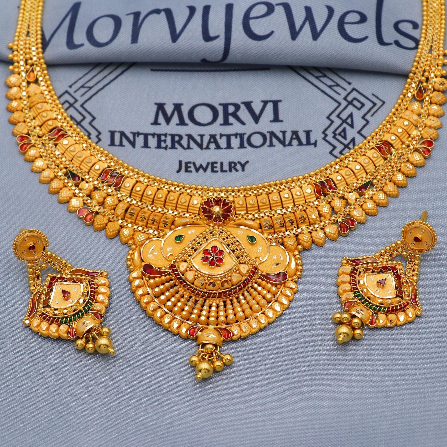 Indian Solid 22k Gold Necklace Earrings Set, Vintage Ethnic Gold Jewelry Set, Pure Real Necklace with Earrings Wedding Party Wear, K5814
