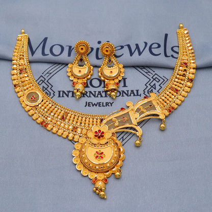 Indian Solid 22k Gold Necklace Earrings Set, Vintage Ethnic Gold Jewelry Set, Pure Real Necklace with Earrings Wedding Party Wear, K5816