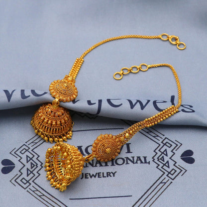 22k karat Gold Earrings Jhumka with chain, handmade vintage Pure Traditional design indian style WEDDING Chandelier Dangle Earrings