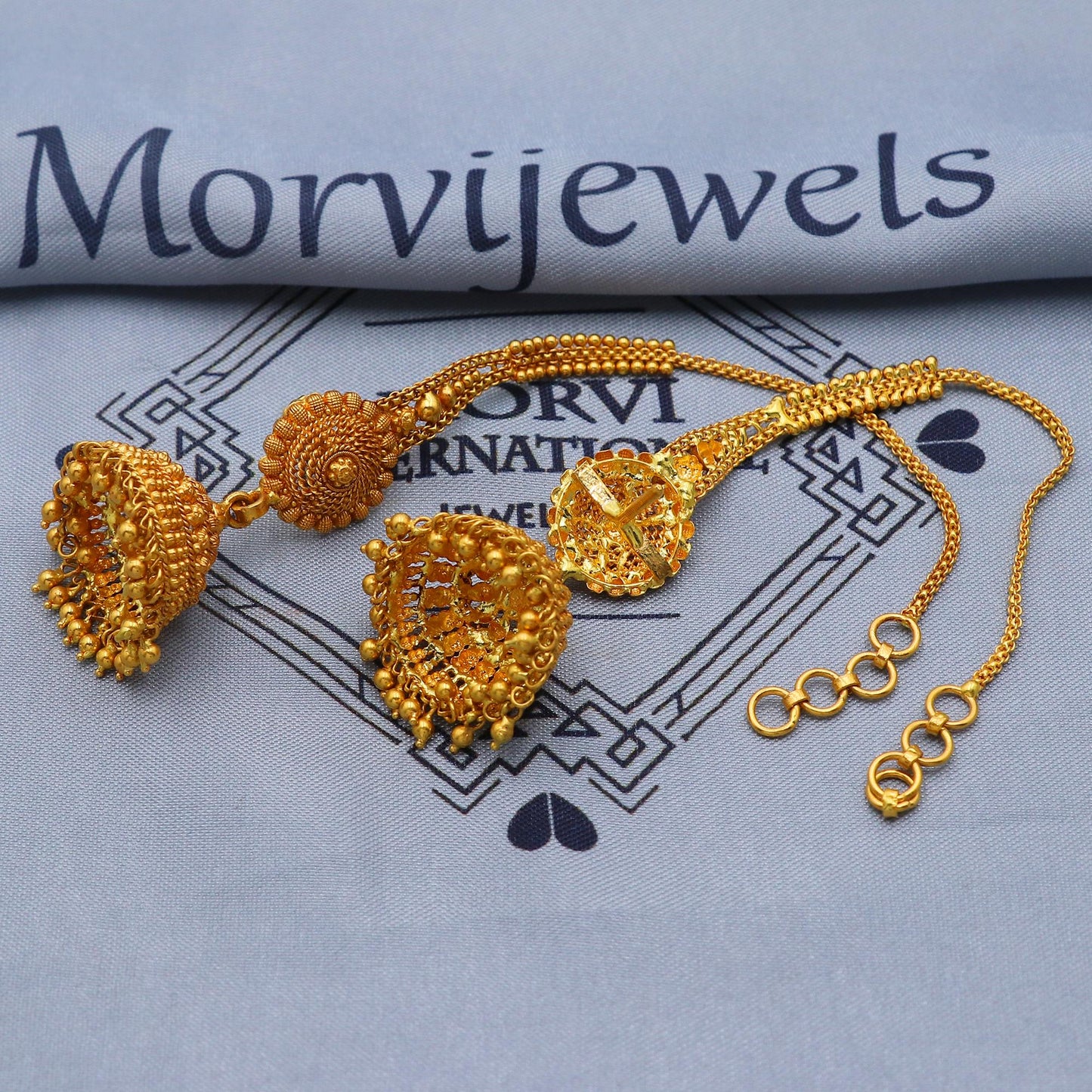 22k karat Gold Earrings Jhumka with chain, handmade vintage Pure Traditional design indian style WEDDING Chandelier Dangle Earrings