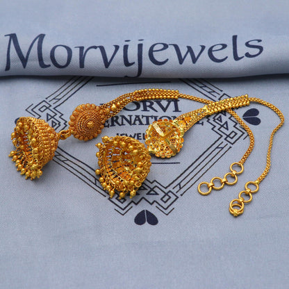 22k karat Gold Earrings Jhumka with chain, handmade vintage Pure Traditional design indian style WEDDING Chandelier Dangle Earrings