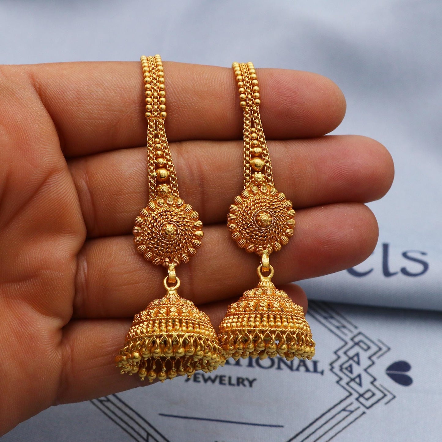 22k karat Gold Earrings Jhumka with chain, handmade vintage Pure Traditional design indian style WEDDING Chandelier Dangle Earrings