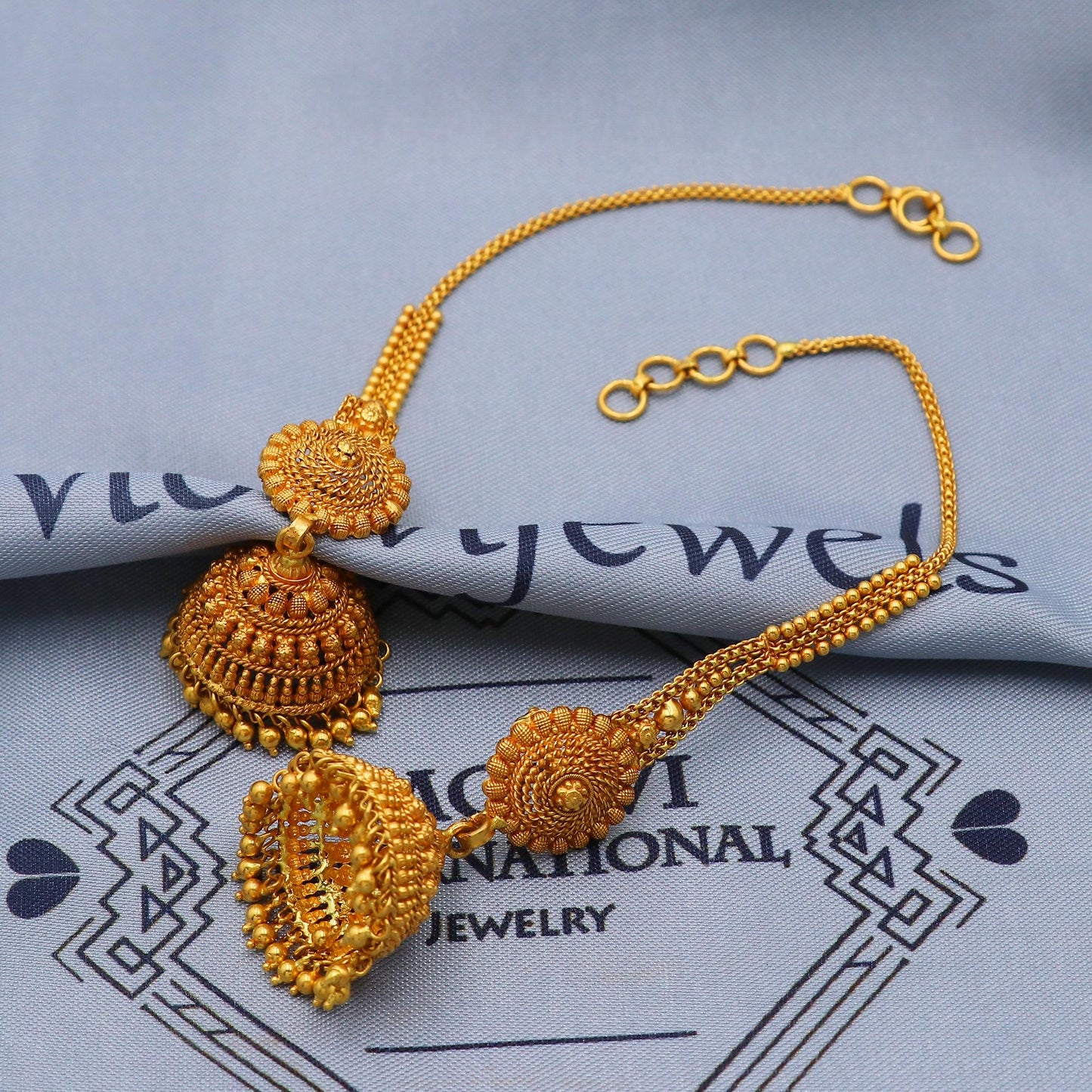 22k karat Gold Earrings Jhumka with chain, handmade vintage Pure Traditional design indian style WEDDING Chandelier Dangle Earrings