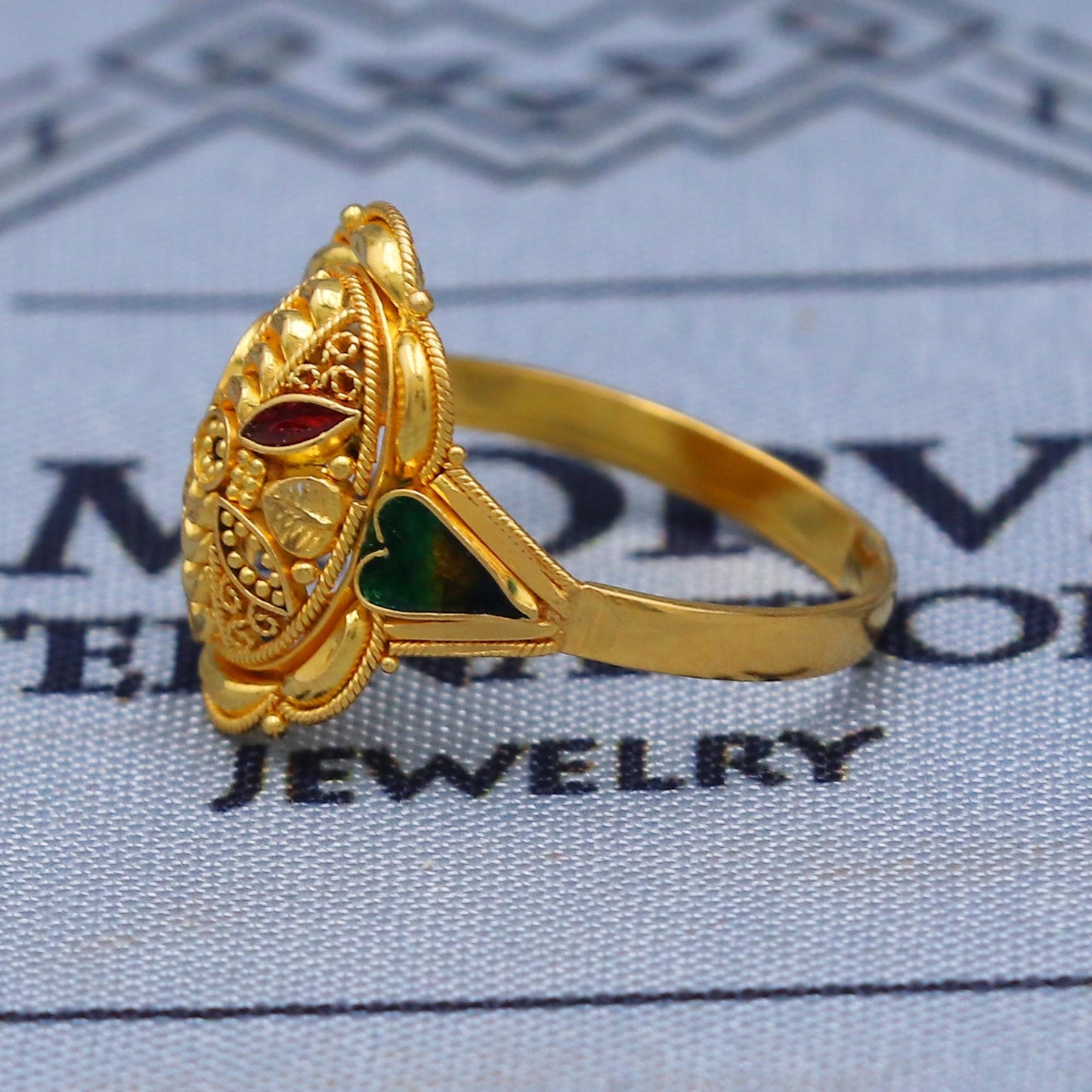 Traditional 22K Gold Filigree Ring with Red & Green Meenakari – Antique Indian Bridal Jewelry