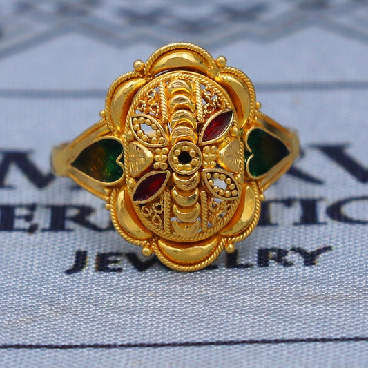 Traditional 22K Gold Filigree Ring with Red & Green Meenakari – Antique Indian Bridal Jewelry