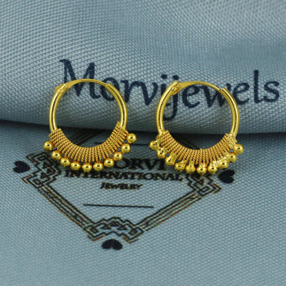 20k Gold Earrings Wire Wrapped Bead Hoop Bali , Handmade cartilage earrings women, Small Tiny Hoops, Indian Gold Earrings for teen, K5868
