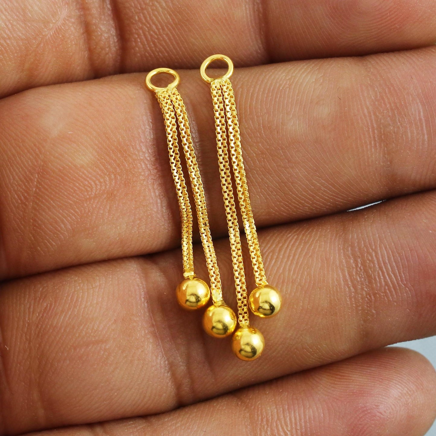 22k Gold Stud Earrings dangling Ear chain, Handmade Yellow gold earrings for women, 5 mm Ball Stud, Beads Stud, small earrings, K5671A