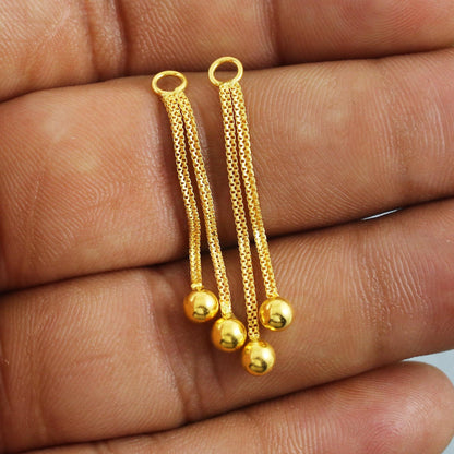 22k Gold Stud Earrings dangling Ear chain, Handmade Yellow gold earrings for women, 5 mm Ball Stud, Beads Stud, small earrings, K5671A