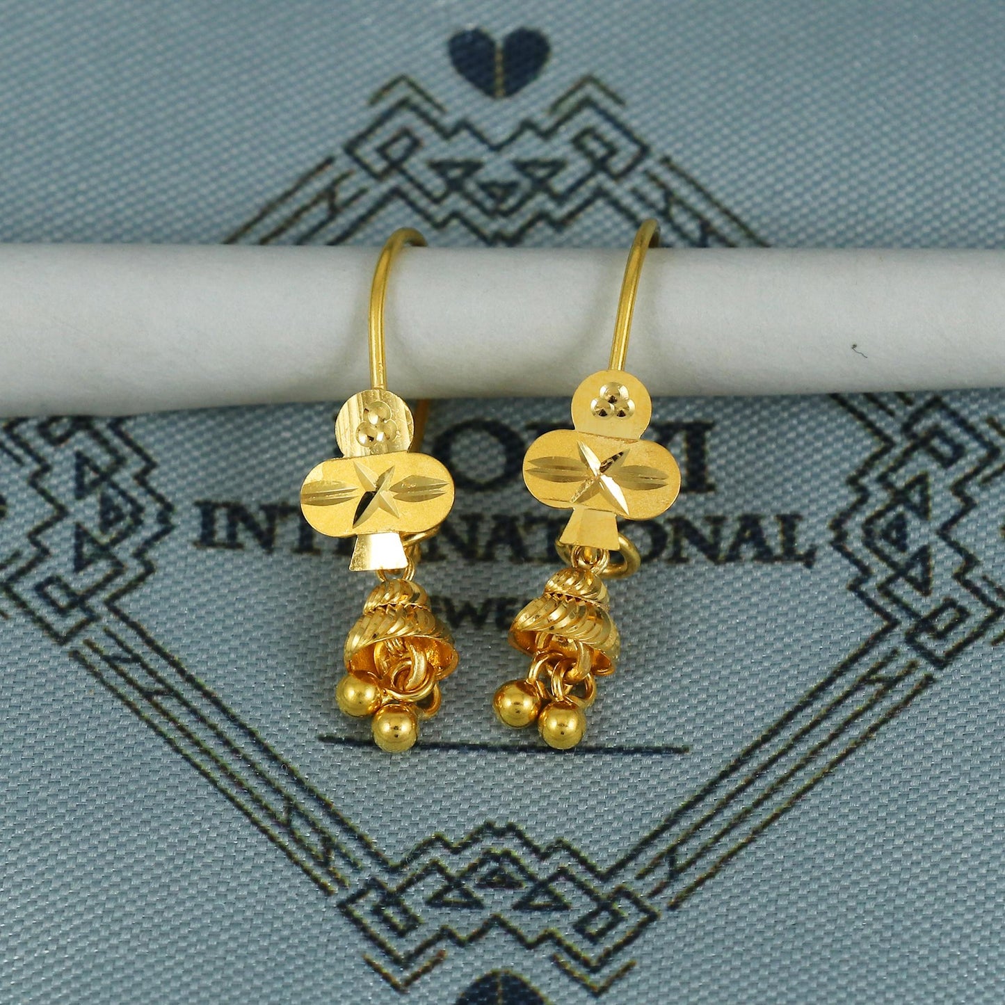 22k Gold Earrings Engraved Ear wire Hook Dangle Earrings , Small Dangling 22kt Earrings, Indian Gold Earrings, Party Wear Earrings, MJ0110