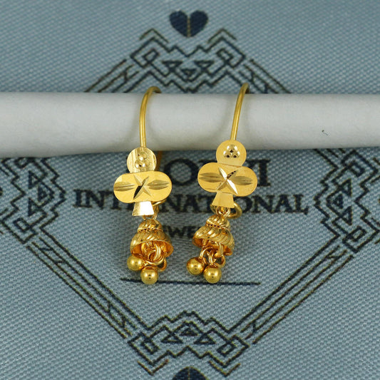 22k Gold Earrings Engraved Ear wire Hook Dangle Earrings , Small Dangling 22kt Earrings, Indian Gold Earrings, Party Wear Earrings, MJ0110