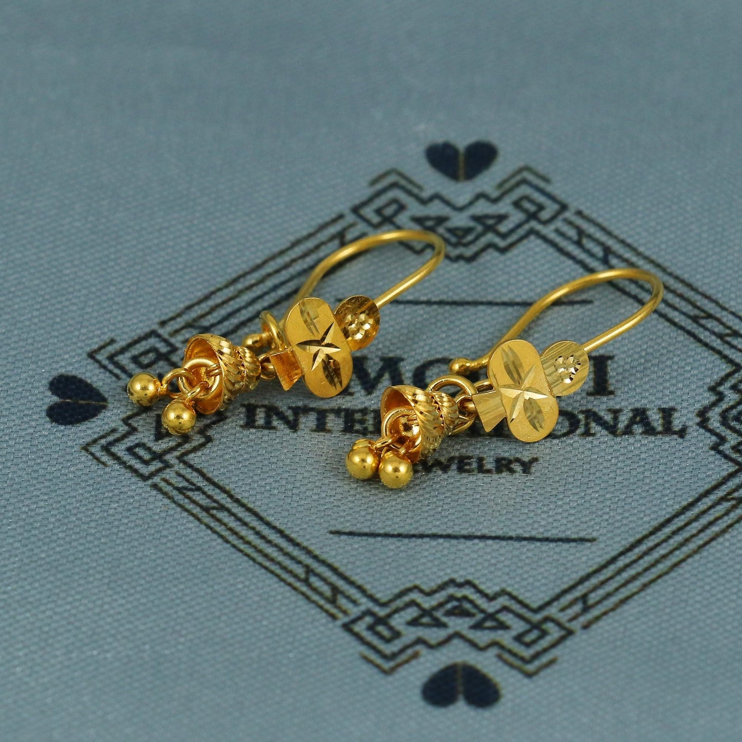 22k Gold Earrings Engraved Ear wire Hook Dangle Earrings , Small Dangling 22kt Earrings, Indian Gold Earrings, Party Wear Earrings, MJ0110