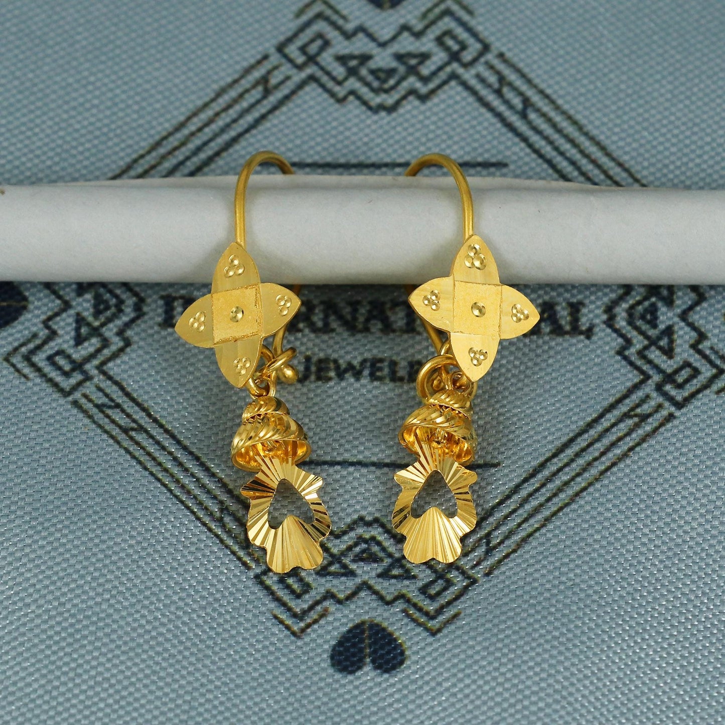 22k Gold Earrings Engraved Ear wire Hook Dangle Earrings , Small Dangling 22kt Earrings, Indian Gold Earrings, Party Wear Earrings, MJ0113