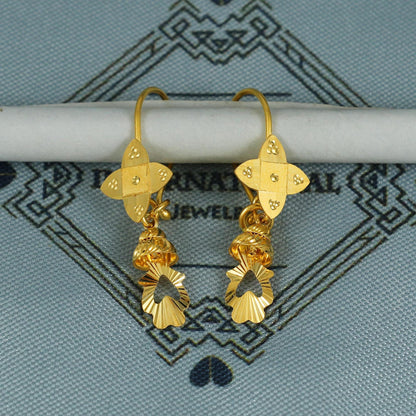22k Gold Earrings Engraved Ear wire Hook Dangle Earrings , Small Dangling 22kt Earrings, Indian Gold Earrings, Party Wear Earrings, MJ0113