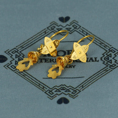 22k Gold Earrings Engraved Ear wire Hook Dangle Earrings , Small Dangling 22kt Earrings, Indian Gold Earrings, Party Wear Earrings, MJ0113