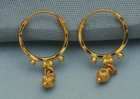 Pure 20k Gold Hoop Bali Earrings, solid gold Huggies, Beads Handmade gold earrings for women, Christmas gift, dainty Indian gold earrings