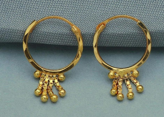 Small 20k Gold earrings Hoop Jewelry, handmade vintage Pure indian style handmade Dangle bead chain Earrings cartilage, wedding earrings