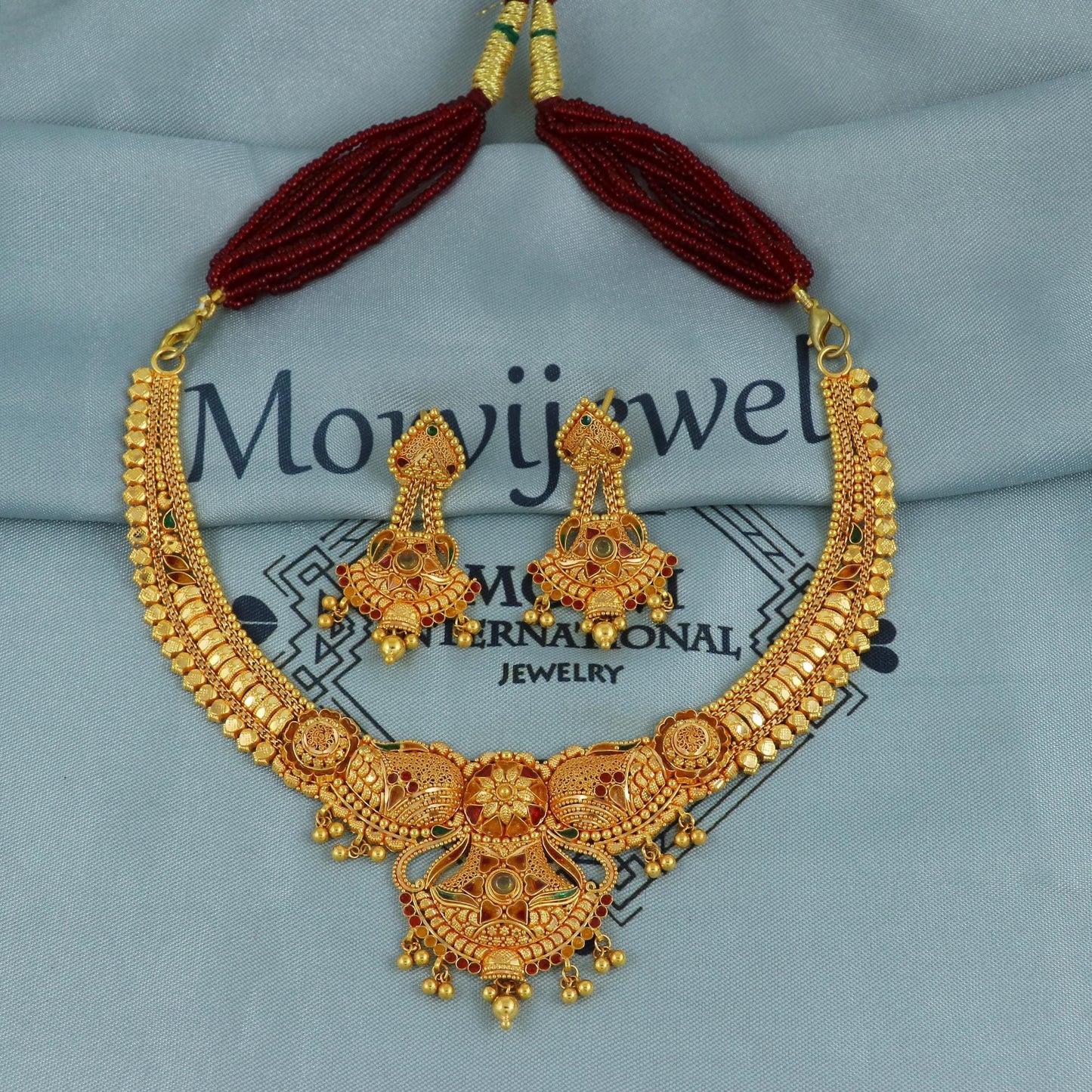 22k Gold Necklace Set Indian Necklace by Morvijewels