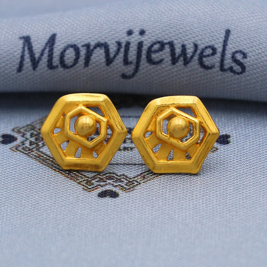 22k karat Gold Stud Hexagon Earrings, Handmade Yellow gold earrings for women, vintage antique design indian gold earrings jewelry, K5787