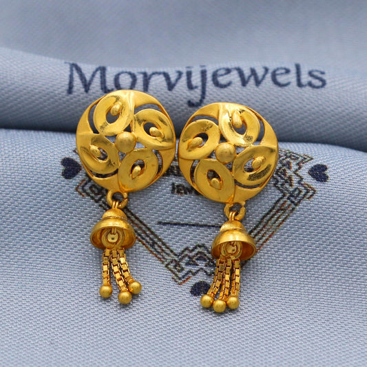 Designer Pure Gold Earrings, Gold Tops with Small Chandelier, Handmade 22kt Gold Earrings Jewelry for Gift, K5794