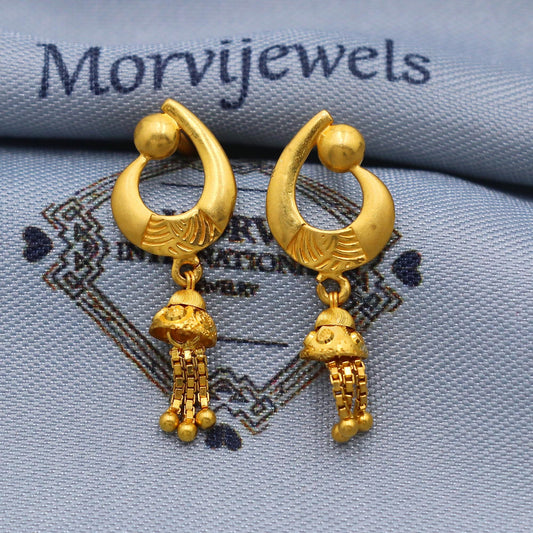 solid 22k gold dangle earrings jewelry, real gold solid 22kt karat gold earrings, women gold earrings, Handcrafted Dangle Earrings, K5795