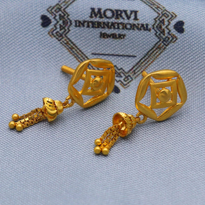 solid 22k gold dangle earrings jewelry, real gold solid 22kt karat gold earrings, women gold earrings, Handcrafted Dangle Earrings, K5796