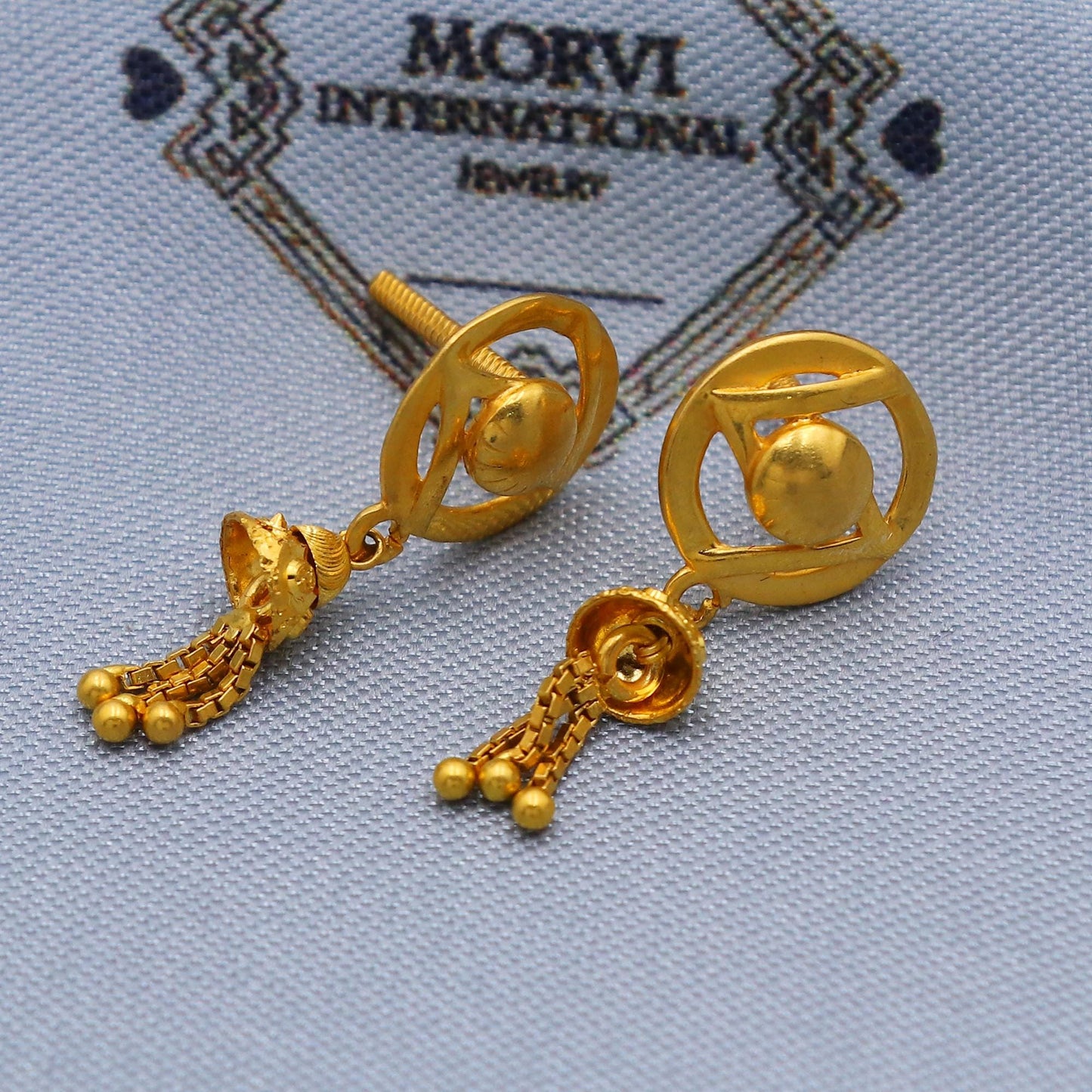 Geometric Dome Stud with Traditional Jhumka Tassel Drops Earrings, 22k Dangle Earrings, K5797