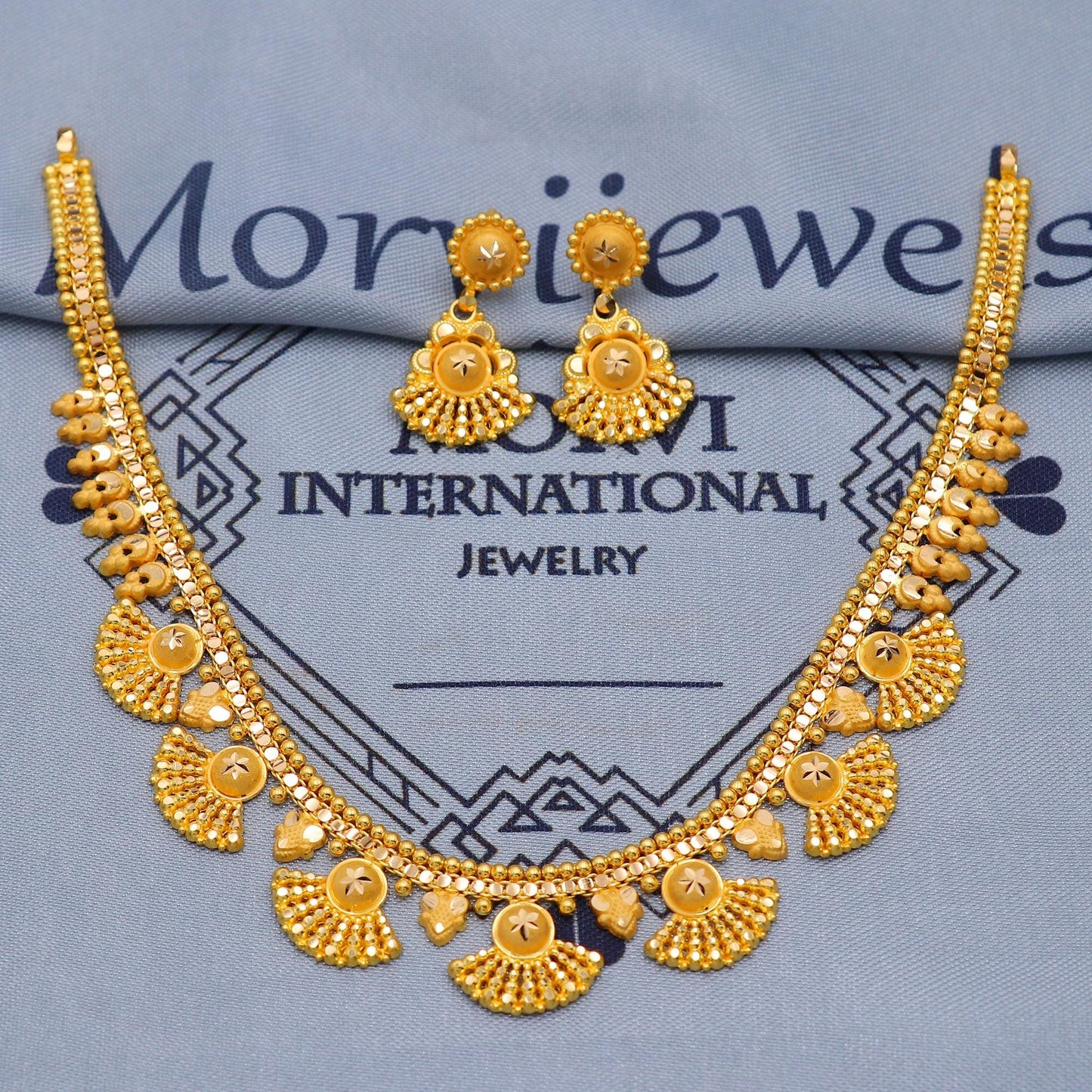 Indian Handmade 22k Gold Necklace Earrings Set, Vintage Ethnic Gold Jewelry Set, Pure Real Gold Necklace with Earrings, K5804