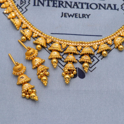 Indian Solid 22k Gold Necklace Earrings Set , Vintage Ethnic Gold Jewelry Set, Pure Real Necklace with Earrings Wedding Party Wear, K5806