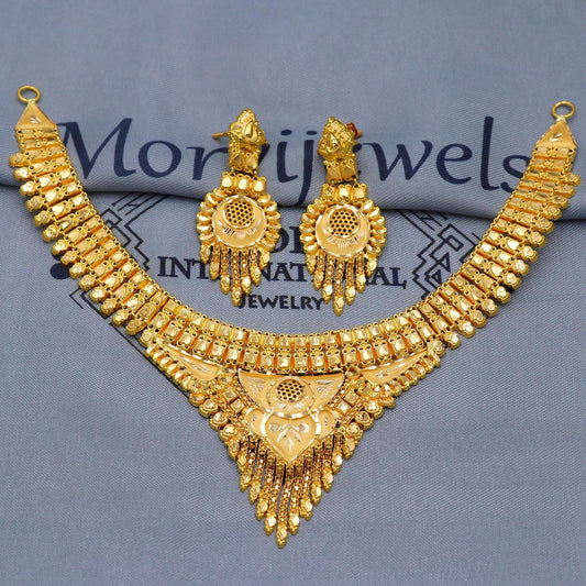 Indian Solid 22k Gold Necklace Earrings Set , Vintage Ethnic Gold Jewelry Set, Pure Real Necklace with Earrings Wedding Party Wear, K5807