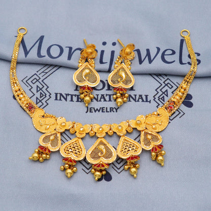 Indian Solid 22k Gold Necklace Earrings Set , Vintage Ethnic Gold Jewelry Set, Pure Real Necklace with Earrings Wedding Party Wear, K5808