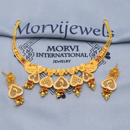 Indian Solid 22k Gold Necklace Earrings Set , Vintage Ethnic Gold Jewelry Set, Pure Real Necklace with Earrings Wedding Party Wear, K5808