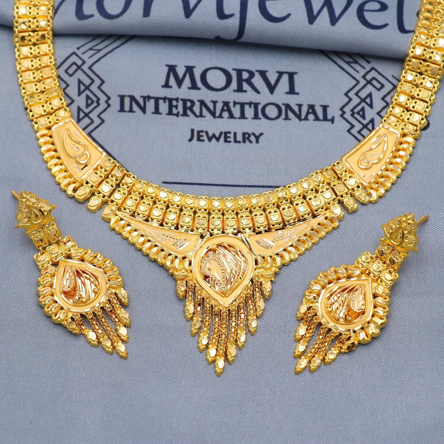 Indian Solid 22k Gold Necklace Earrings Set , Vintage Ethnic Gold Jewelry Set, Pure Real Necklace with Earrings Wedding Party Wear, K5810