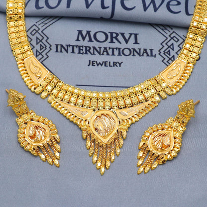 Indian Solid 22k Gold Necklace Earrings Set , Vintage Ethnic Gold Jewelry Set, Pure Real Necklace with Earrings Wedding Party Wear, K5810
