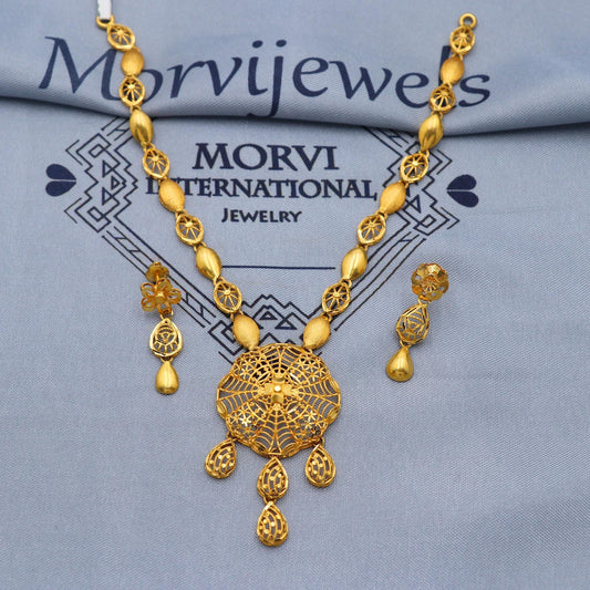 Indian Solid 22k Gold Necklace Earrings Set, Vintage Ethnic Gold Jewelry Set, Pure Real Necklace with Earrings Wedding Party Wear, K5811